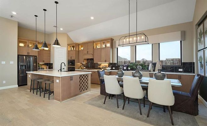 Chandelier, Dining room, Interior, Kitchen, Pendant Lights, Recessed Lighting, Stainless Steel Appliances, Wood Texture Flooring