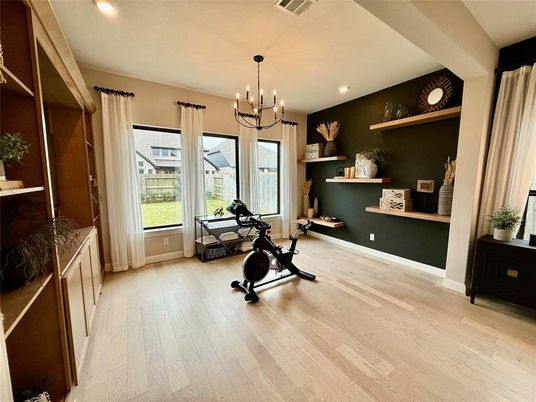 Chandelier, Fitness Equipment, Interior, Recessed Lighting, Wood Texture Flooring