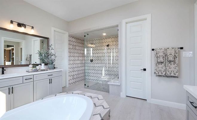 Bathroom, Glass Shower, Interior, Recessed Lighting, Wood Texture Flooring