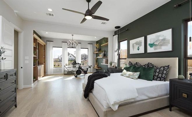 Bedroom, Chandelier, Interior, Recessed Lighting, Wood Texture Flooring