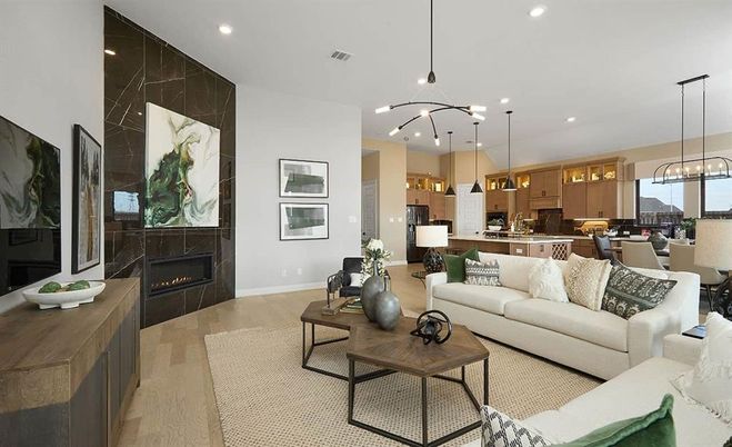 Dining room, Fireplace, Interior, Kitchen, Living room, Pendant Lights, Recessed Lighting, Wood Texture Flooring