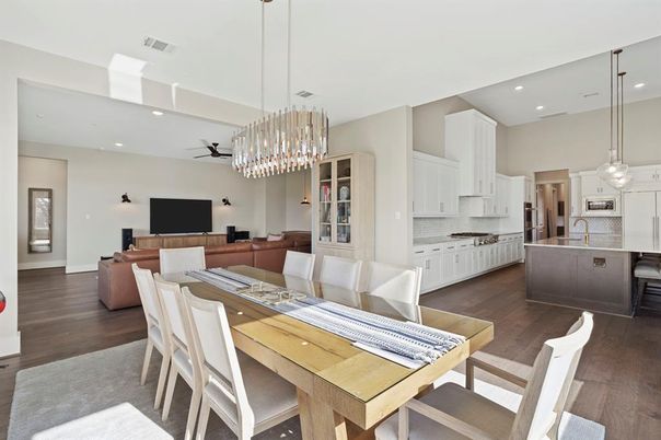 Chandelier, Dining room, Interior, Kitchen, Living room, Pendant Lights, Recessed Lighting, Wood Texture Flooring