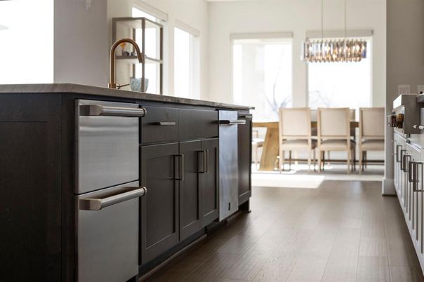 Dining room, Interior, Kitchen, Pendant Lights, Stainless Steel Appliances, Wood Texture Flooring
