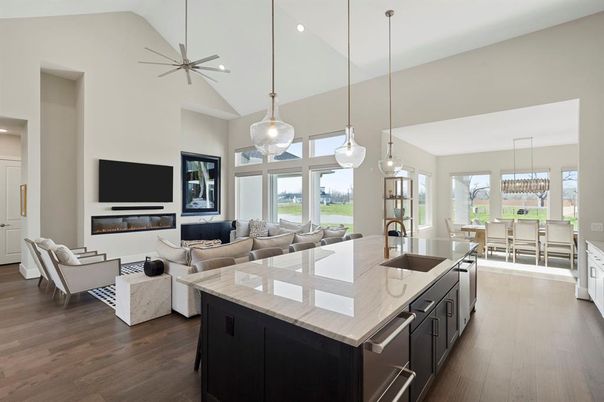 Dining room, Fireplace, Interior, Kitchen, Living room, Pendant Lights, Recessed Lighting, Wood Texture Flooring