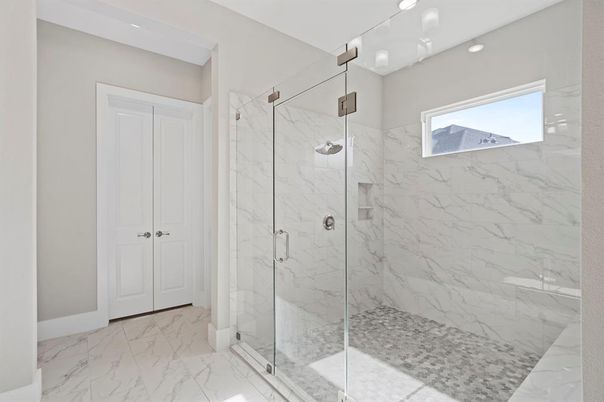 Bathroom, Glass Shower, Interior, Marble, Marble Walls, Recessed Lighting