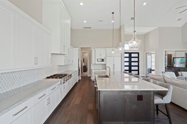 Interior, Kitchen, Living room, Pendant Lights, Recessed Lighting, Stainless Steel Appliances, Wood Texture Flooring