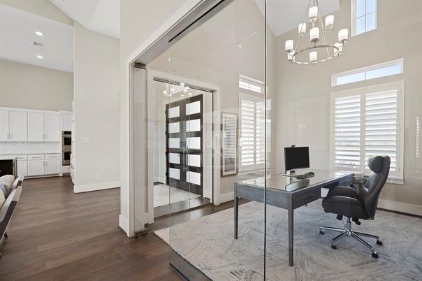 Chandelier, Home Office, Interior, Pendant Lights, Recessed Lighting, Wood Texture Flooring