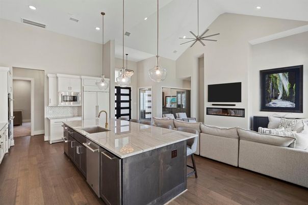 Fireplace, Interior, Kitchen, Living room, Pendant Lights, Recessed Lighting, Stainless Steel Appliances, Wood Texture Flooring