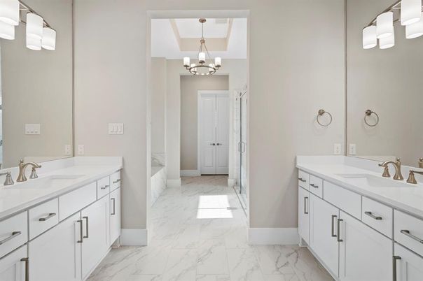 Bathroom, Chandelier, Dual Sink Vanities, Interior, Marble