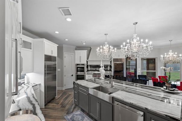 Chandelier, Interior, Kitchen, Recessed Lighting, Stainless Steel Appliances, Wood Texture Flooring