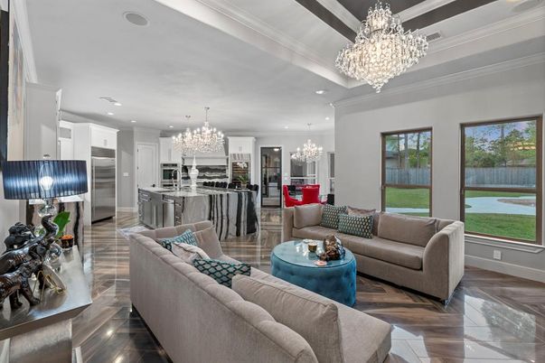 Chandelier, Interior, Kitchen, Living room, Recessed Lighting, Stainless Steel Appliances, Wood Texture Flooring