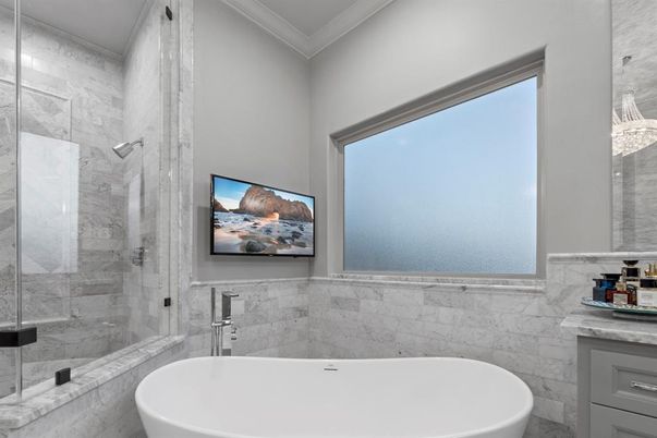 Bathroom, Free Standing Baths, Glass Shower, Interior, Marble Walls