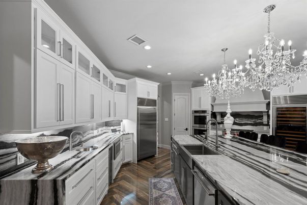 Chandelier, Interior, Kitchen, Recessed Lighting, Stainless Steel Appliances, Wood Texture Flooring