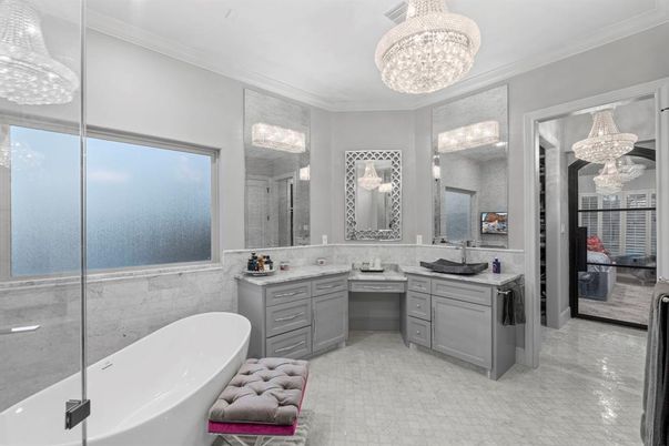 Bathroom, Chandelier, Dual Sink Vanities, Free Standing Baths, Glass Shower, Interior