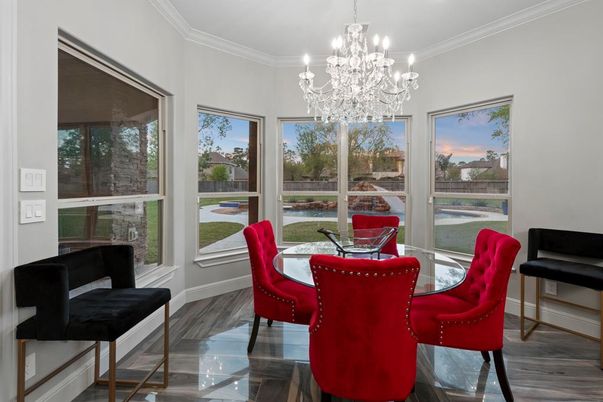 Chandelier, Dining room, Interior, Wood Texture Flooring