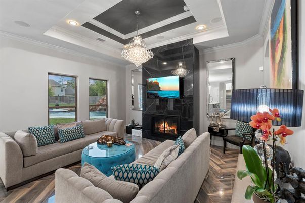 Chandelier, Fireplace, Interior, Living room, Recessed Lighting, Wood Texture Flooring