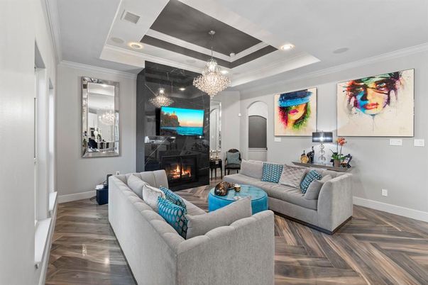 Chandelier, Fireplace, Interior, Living room, Recessed Lighting, Wood Texture Flooring