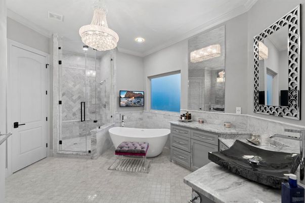 Bathroom, Chandelier, Free Standing Baths, Glass Shower, Interior, Recessed Lighting