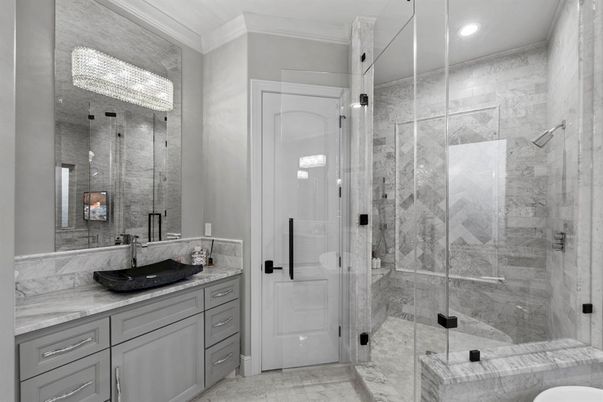 Bathroom, Glass Shower, Interior, Marble, Marble Walls, Recessed Lighting