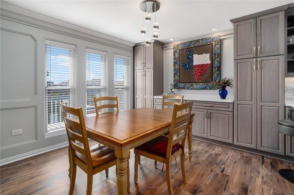 Dining room, Interior, Pendant Lights, Recessed Lighting, Wood Texture Flooring
