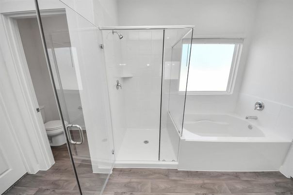 Bathroom, Glass Shower, Interior, Wood Texture Flooring