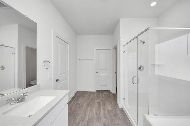 Bathroom, Glass Shower, Interior, Recessed Lighting, Wood Texture Flooring
