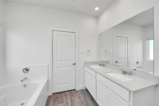 Bathroom, Dual Sink Vanities, Interior, Recessed Lighting, Wood Texture Flooring