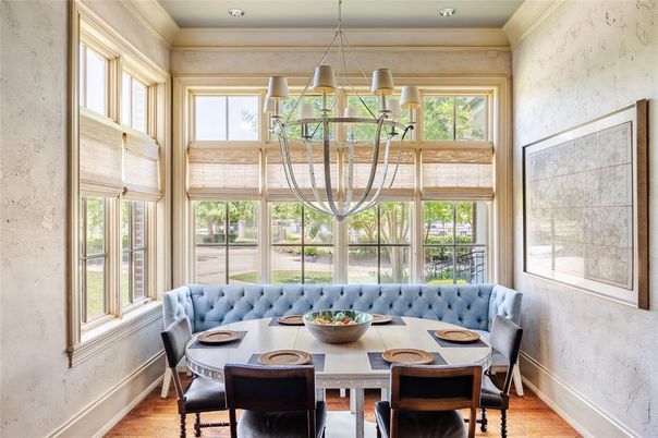 Dining room, Interior, Pendant Lights, Recessed Lighting, Wood Texture Flooring