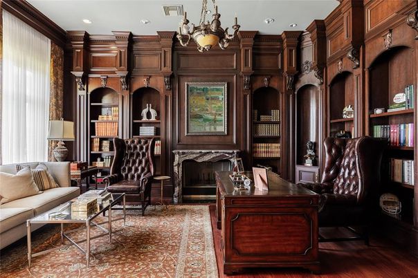Chandelier, Fireplace, Home Office, Interior, Living room, Recessed Lighting, Wood Texture Flooring, Wooden Walls