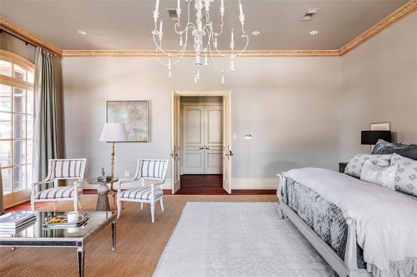 Bedroom, Chandelier, Interior, Recessed Lighting, Wood Texture Flooring