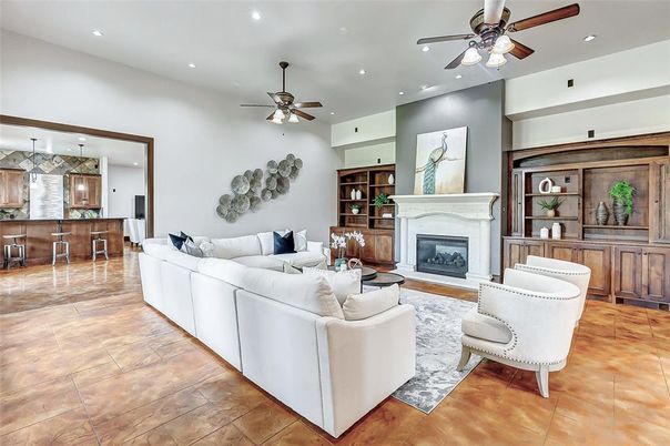 Fireplace, Interior, Kitchen, Living room, Pendant Lights, Recessed Lighting