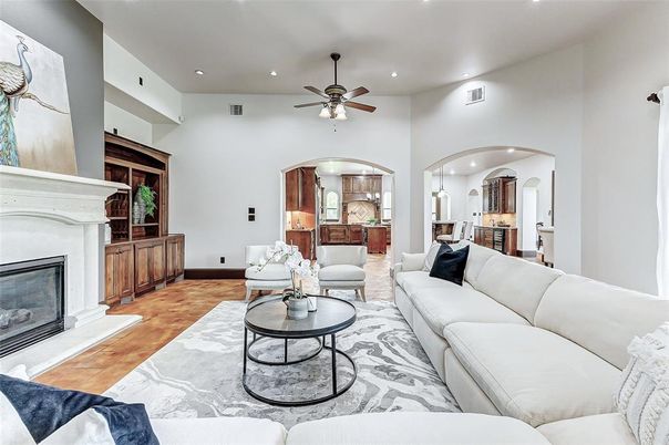 Fireplace, Interior, Living room, Recessed Lighting, Wood Texture Flooring