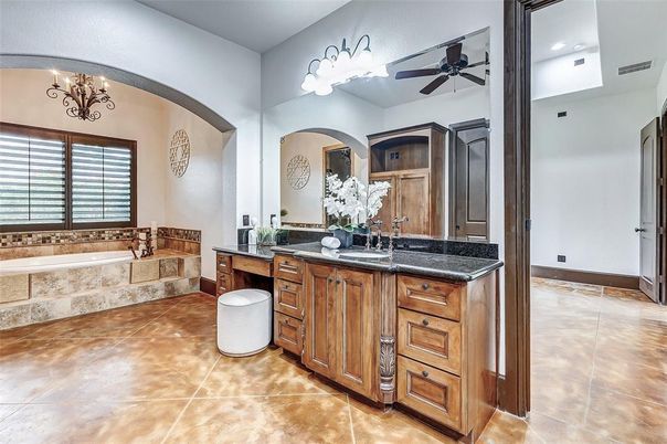 Bathroom, Chandelier, Dual Sink Vanities, Interior, Recessed Lighting