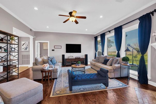 Interior, Living room, Recessed Lighting, Wood Texture Flooring