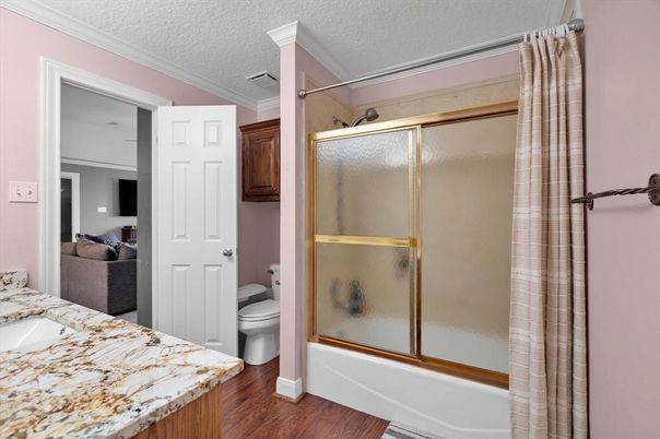Bathroom, Glass Shower, Interior, Wood Texture Flooring