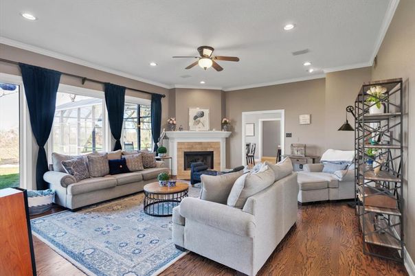 Fireplace, Interior, Living room, Recessed Lighting, Wood Texture Flooring
