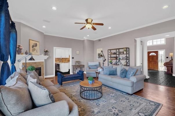 Fireplace, Interior, Living room, Recessed Lighting, Wood Texture Flooring