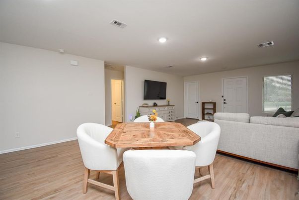 Dining room, Interior, Living room, Recessed Lighting, Wood Texture Flooring