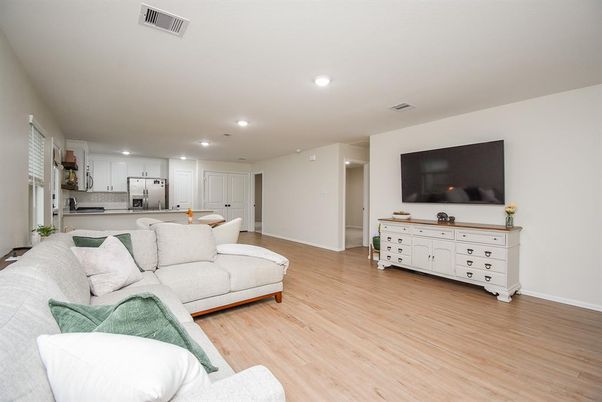 Interior, Kitchen, Living room, Recessed Lighting, Stainless Steel Appliances, Wood Texture Flooring