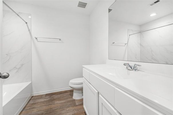 Bathroom, Interior, Marble Walls, Recessed Lighting, Wood Texture Flooring