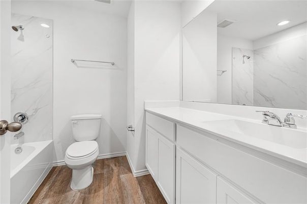 Bathroom, Interior, Marble Walls, Recessed Lighting, Wood Texture Flooring