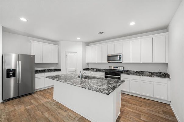 Interior, Kitchen, Recessed Lighting, Stainless Steel Appliances, Wood Texture Flooring