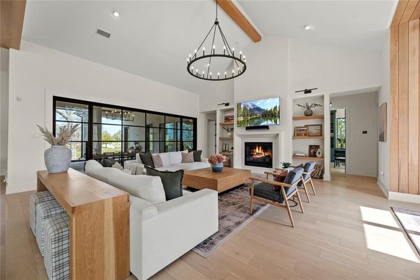Fireplace, Interior, Living room, Pendant Lights, Recessed Lighting, Wooden Beams, Wood Texture Flooring