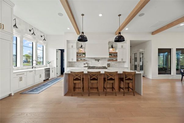 Interior, Kitchen, Pendant Lights, Recessed Lighting, Stainless Steel Appliances, Wooden Beams, Wood Texture Flooring