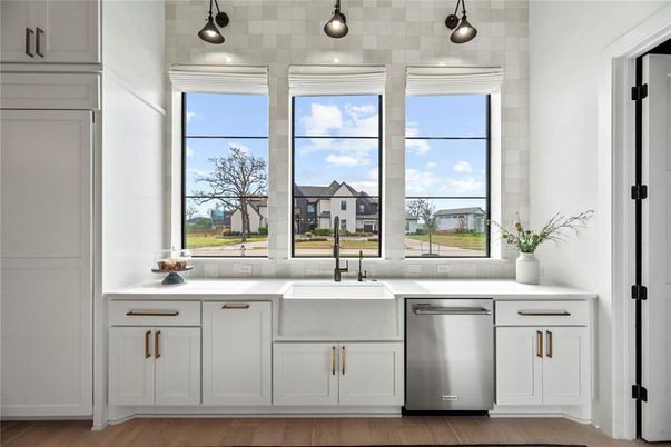 Interior, Kitchen, Pendant Lights, Stainless Steel Appliances, Wood Texture Flooring