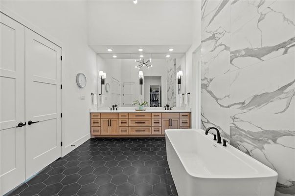 Bathroom, Dual Sink Vanities, Free Standing Baths, Interior, Marble Walls, Recessed Lighting