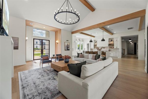 Interior, Kitchen, Living room, Pendant Lights, Recessed Lighting, Wooden Beams, Wood Texture Flooring