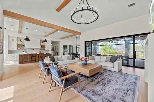 Interior, Kitchen, Living room, Pendant Lights, Recessed Lighting, Wooden Beams, Wood Texture Flooring