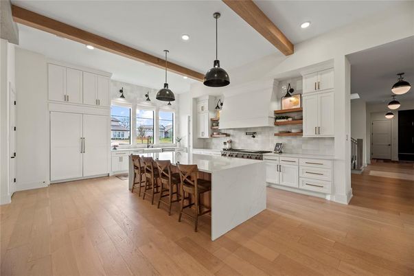 Interior, Kitchen, Pendant Lights, Recessed Lighting, Wooden Beams, Wood Texture Flooring