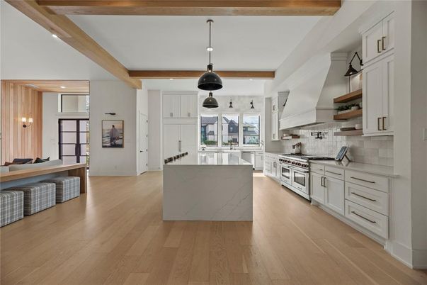 Interior, Kitchen, Pendant Lights, Stainless Steel Appliances, Wooden Beams, Wood Texture Flooring